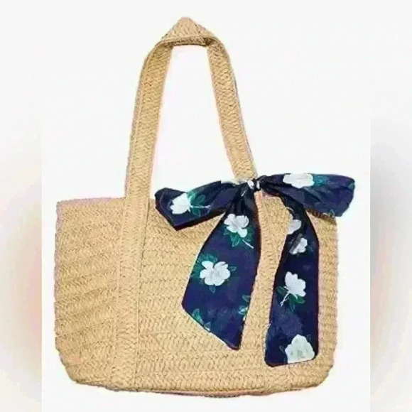Draper James Everyday Straw Bag with Floral Scarf Beach Tote Purse - Picture 1 of 5